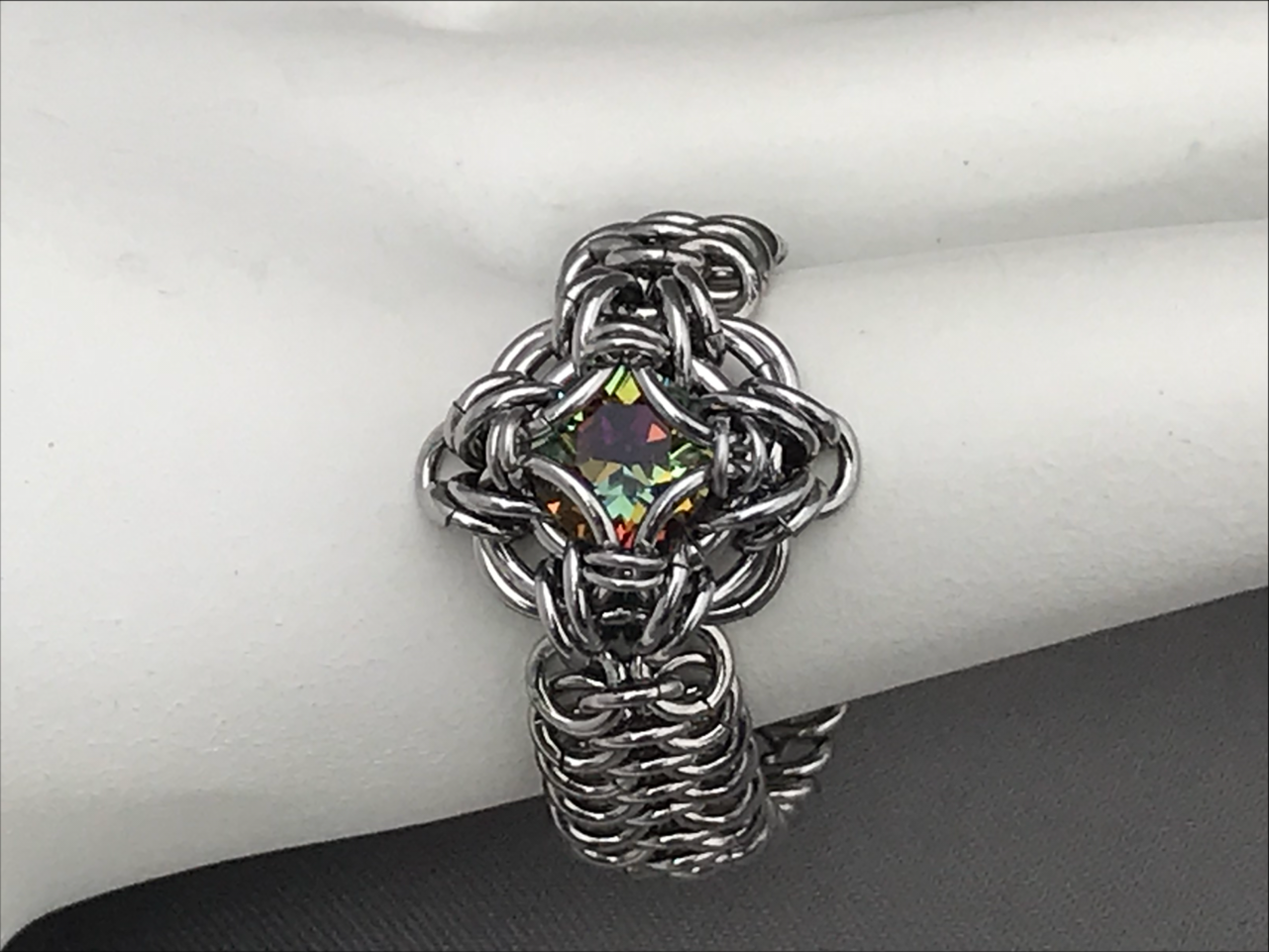 Stainless steel chainmaille ring Celtic labyrinth Swarovski crystal