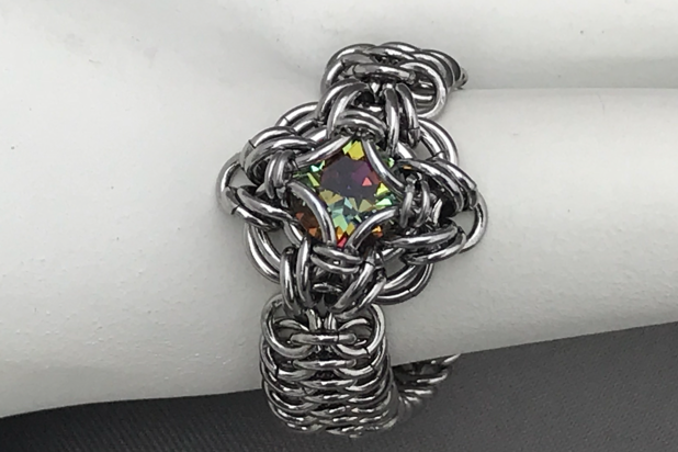 Stainless steel chainmaille ring Celtic labyrinth volcano