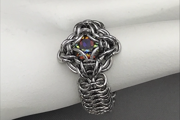 Stainless steel chainmaille ring Celtic labyrinth Swarovski crystal