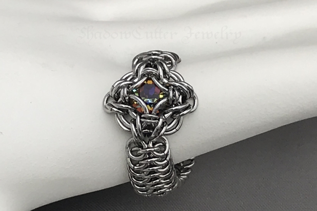 Stainless steel Chainmaille ring with Swarovski crystal, Celtic labyrinth